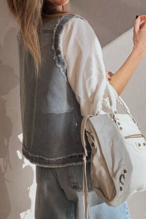 Beau Blue Frayed Edge Flap Pockets Denim Vest Jacket - Image 2