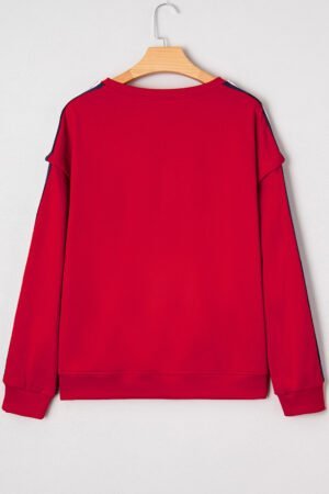 Fiery Red Contrast Striped Detail Varsity Sweatshirt - Image 5