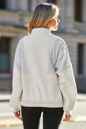 Alternative view of Gray Half Zip Stand Collar Exposed Seam Solid Color Casual Sweatshirt