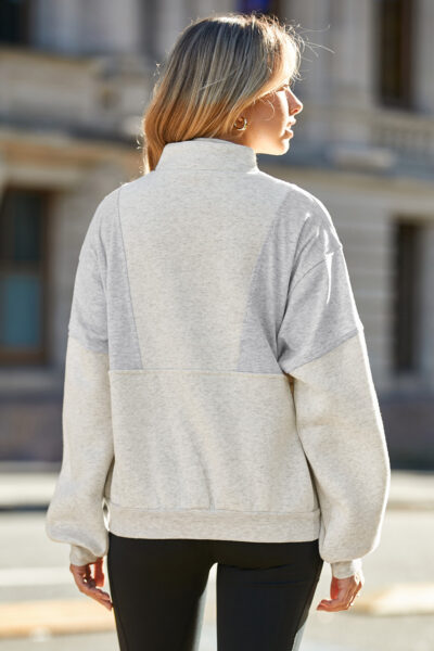 Gray Half Zip Stand Collar Exposed Seam Solid Color Casual Sweatshirt