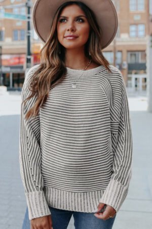 Medium Grey Striped Print Ribbed Knit Boat Neck Baggy Sweater - Image 5