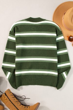 Green Stripe Drop Shoulder Buttons Cardigan Sweater - Image 5