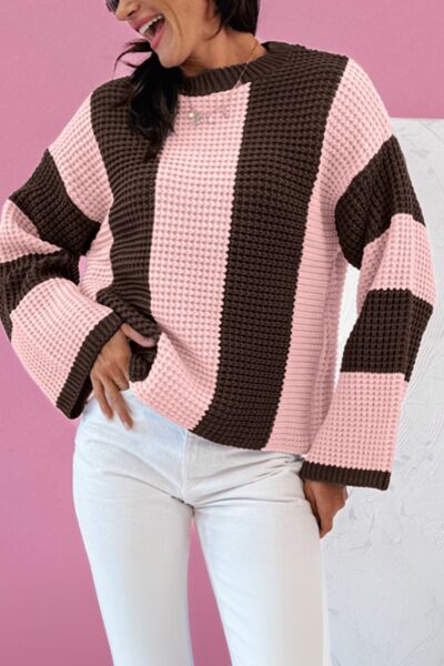 Fushia Striped Color Block Thermal Textured Knit Drop Shoulder Sweater