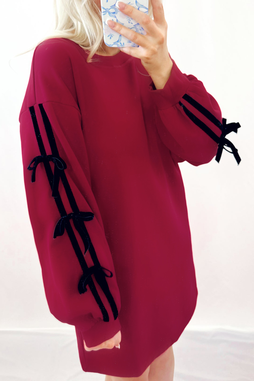 Racing Red Contrast Striped Bow Detail Drop Shoulder Sweatshirt Dress with Pockets Racing Red Contrast Striped Bow Detail Drop Shoulder Sweatshirt Dress with Pockets