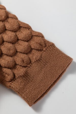 Straw Yellow Fish Scale Textured Knit Ribbed High Neck Short Sleeve Sweater - Image 12
