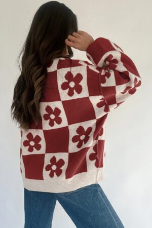 Alternative view of Red Dahlia Flower Plaid Henley Baggy Sweater