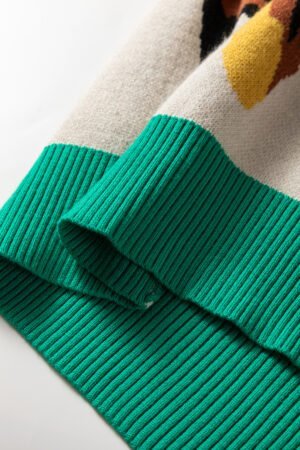 Apricot Contrast Ribbed Stripes Detail Animal Pattern Knit Sweater - Image 9