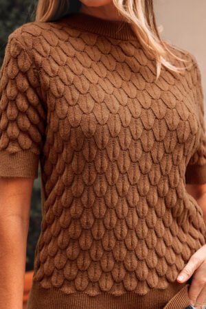 Straw Yellow Fish Scale Textured Knit Ribbed High Neck Short Sleeve Sweater - Image 7