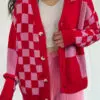 Fiery Red Mixed Plaid Relaxed Sweater Cardigan