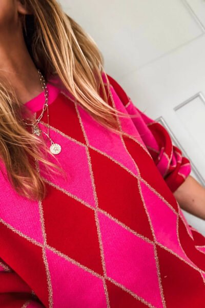 Christmas Rose Red Glitter Rhombus Pattern Knit Womens Casual Sweater