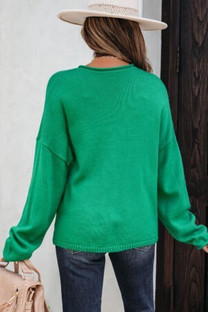 Bright Green Solid Color Knit Button Drop Shoulder Sweater Cardigan - Image 2