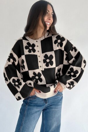Black Flower Plaid Henley Baggy Sweater - Image 3