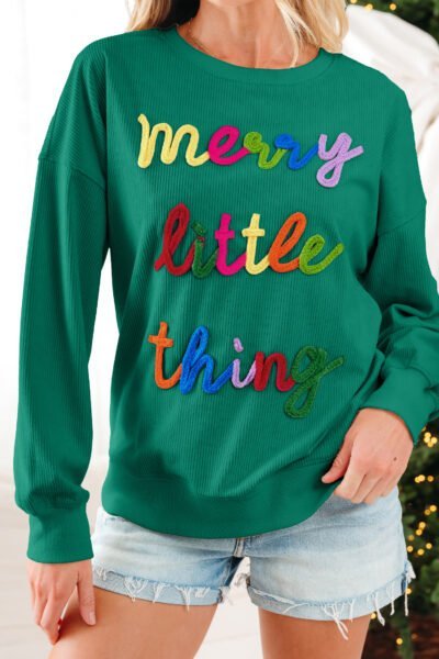 Alternative view of Dark Green merry little thing Corded Letter Graphic Ribbed Loose Sweatshirt