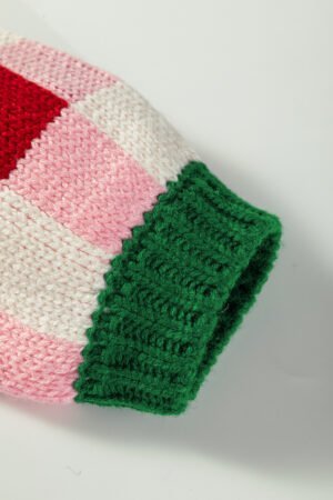 Pink Plaid Knit Bow Knot Decor Open Front Sweater Cardigan - Image 6