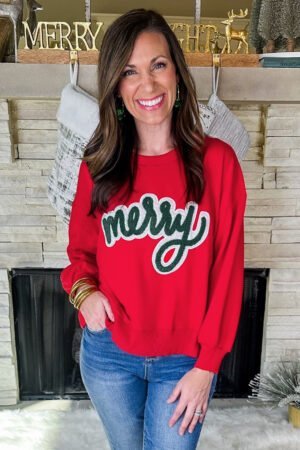 Fiery Red Merry Script Holiday Christmas Graphic Sweatshirt - Image 4