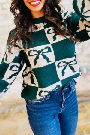 Blackish Green Checkered Bow Print Casual Sweater - Image 9