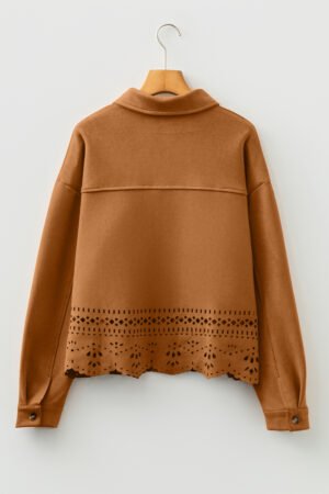 Thai Curry Solid Color Faux Suede Hollowed Detail Retro Style Jacket - Image 2