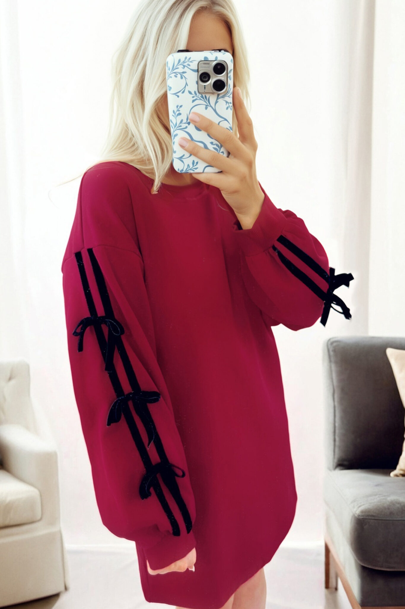 Racing Red Contrast Striped Bow Detail Drop Shoulder Sweatshirt Dress with Pockets Racing Red Contrast Striped Bow Detail Drop Shoulder Sweatshirt Dress with Pockets