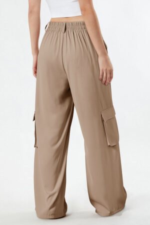 Camel Solid Color Elastic High Waist Loose Cargo Pants - Image 8