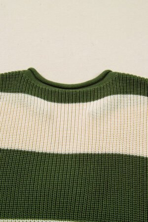 Green Stripe Colorblock Notched Neck Plus Size Sweater - Image 5