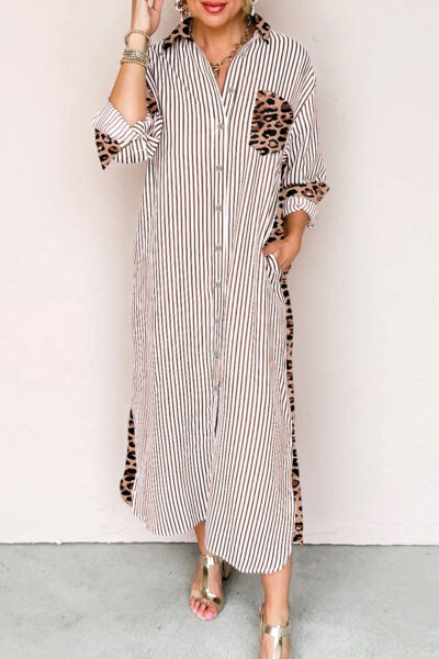 Brown Stripe Contrast Leopard Patchwork Long Shirt Dress with Slits
