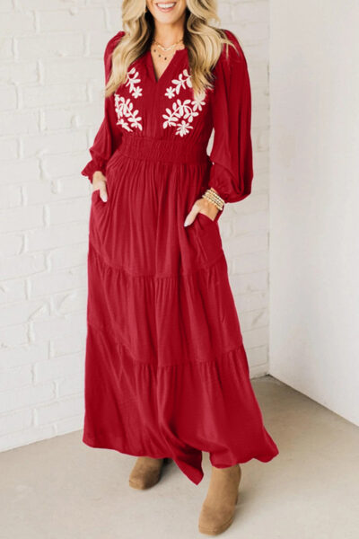 Racing Red Contrast Embroidered Detail Cinched Waist Tiered Long Sleeve Maxi Dress