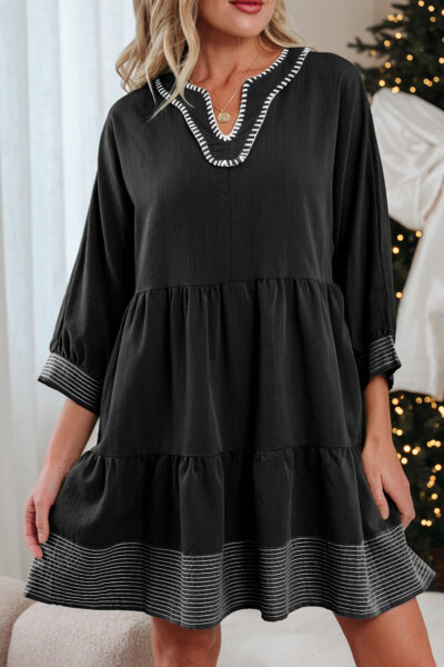 Black Contrast Stitched V Neck 3/4 Sleeve Tiered Mini Dress