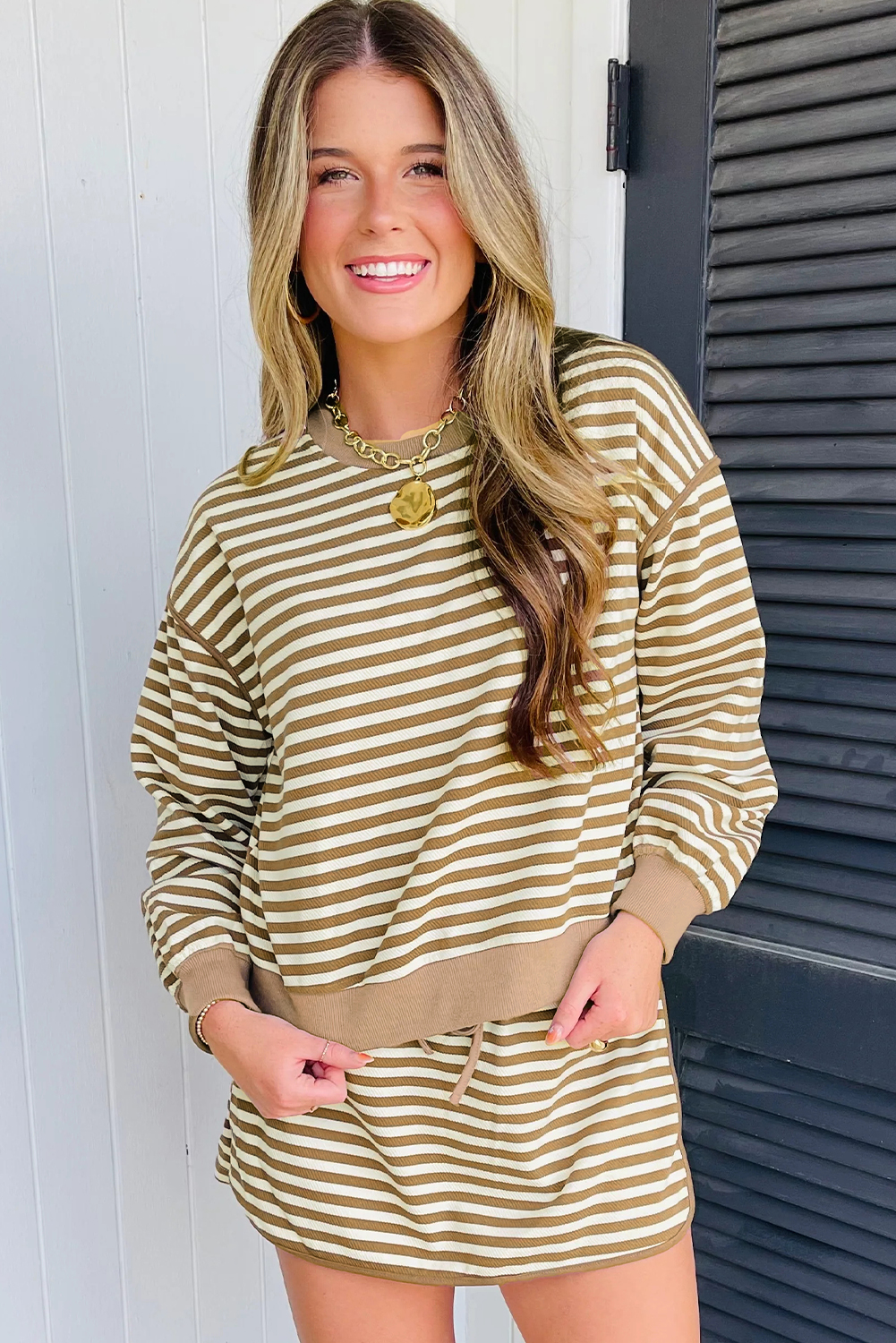 Brown Stripe Textured Drop Shoulder Pullover Top Drawstring Mini Skirt Two Piece Dress Set Brown Stripe Textured Drop Shoulder Pullover Top Drawstring Mini Skirt Two Piece Dress Set