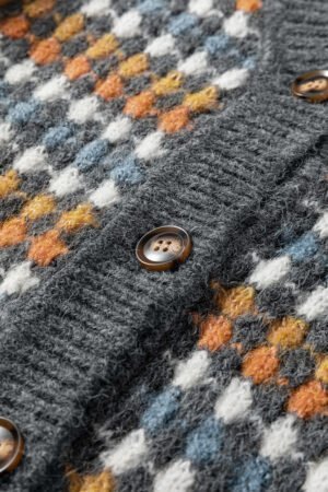 Gray Dotty Pattern Knit Button Front V Neck Sweater Cardigan - Image 7