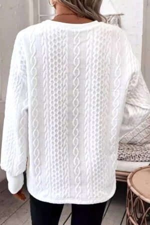 White Solid Color Textured V Neck Drop Shoulder Knit Top - Image 2