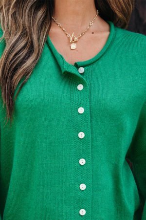 Bright Green Solid Color Knit Button Drop Shoulder Sweater Cardigan - Image 6