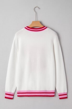 White Striped Trim Bow Graphic Round Neck Drop Shoulder Sweater - Image 4
