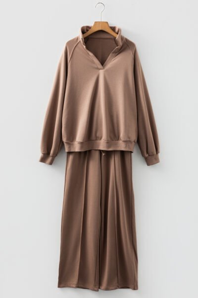 Dark Khaki Polo Collar V Neck Pullover and Drawstring Sweatpants Set