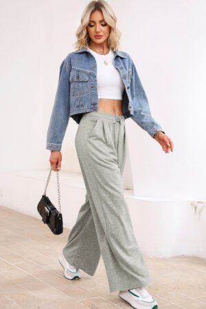 Gray Tied Elastic High Waist Pleated Detail Solid Sweatpants - Image 5