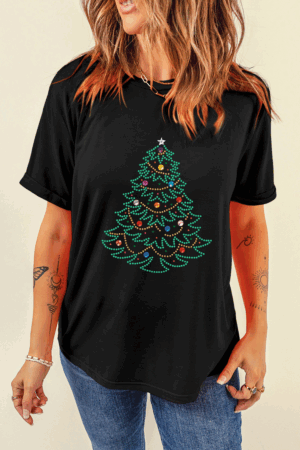 Black Rhinestone Christmas Tree Round Neck Graphic Tee - Image 5
