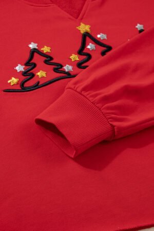 Tomato Red Christmas Tree Embroidered Notched Neck Cropped Sweatshirt - Image 8