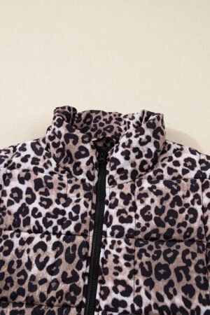 Brown Leopard Quilted Full Zipper Casual Puff Vest - Image 5