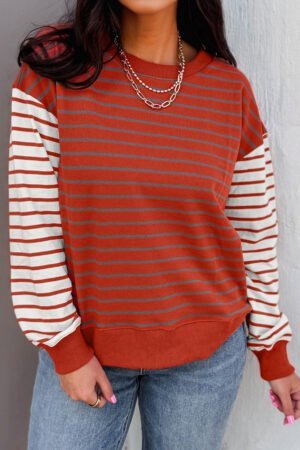 Orange Stripe Contrast Sleeve Patchwork Drop Shoulder Long Sleeve Sweatshirt - Image 6