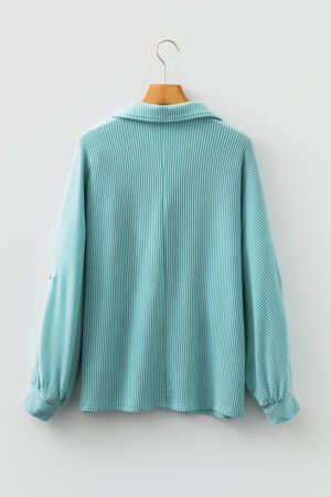 Light Blue Oversized Twist Ribbed Collared Henley Top with Roll up Sleeve - Image 7