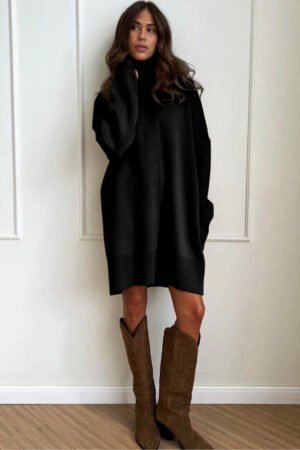 Black Solid Color Turtleneck Drop Shoulder Loose Sweater Dress - Image 3