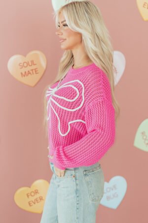 Sachet Pink Sweet Bow Decor Hollow Out Knitted Drop Shoulder Sweater - Image 13