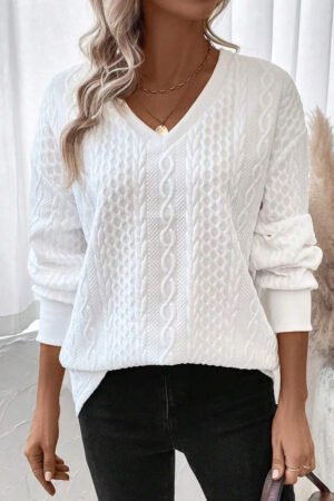 White Solid Color Textured V Neck Drop Shoulder Knit Top - Image 4