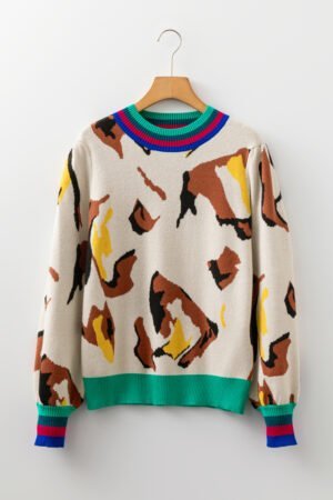 Apricot Contrast Ribbed Stripes Detail Animal Pattern Knit Sweater - Image 3