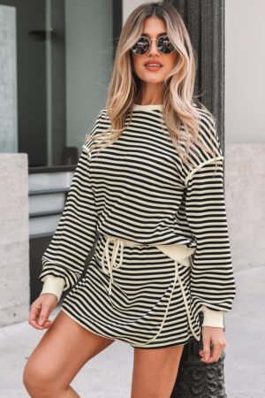 Black Stripe Textured Drop Shoulder Pullover Top Drawstring Mini Skirt Two Piece Dress Set - Image 7