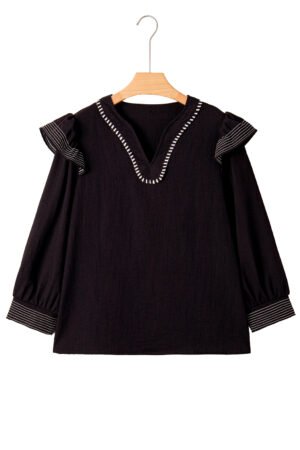 Black Contrast Stitched Detail V Neck Ruffle Long Sleeve Blouse - Image 16