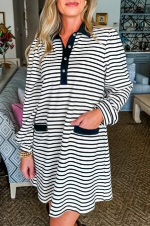 White Stripe Buttoned Front Collared Long Sleeve T Shirt Dress with Pockets