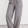 Khaki Stripe Button Patch Pocket Drawstring Elastic Waist Loose Pants