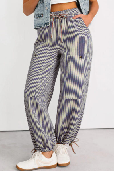 Khaki Stripe Button Patch Pocket Drawstring Elastic Waist Loose Pants