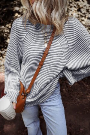 Ashleigh Blue Striped Print Ribbed Knit Boat Neck Baggy Sweater - Image 3