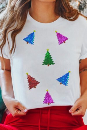White Glitter Christmas Tree Pattern Cuffed Sleeve Christmas T Shirt - Image 5
